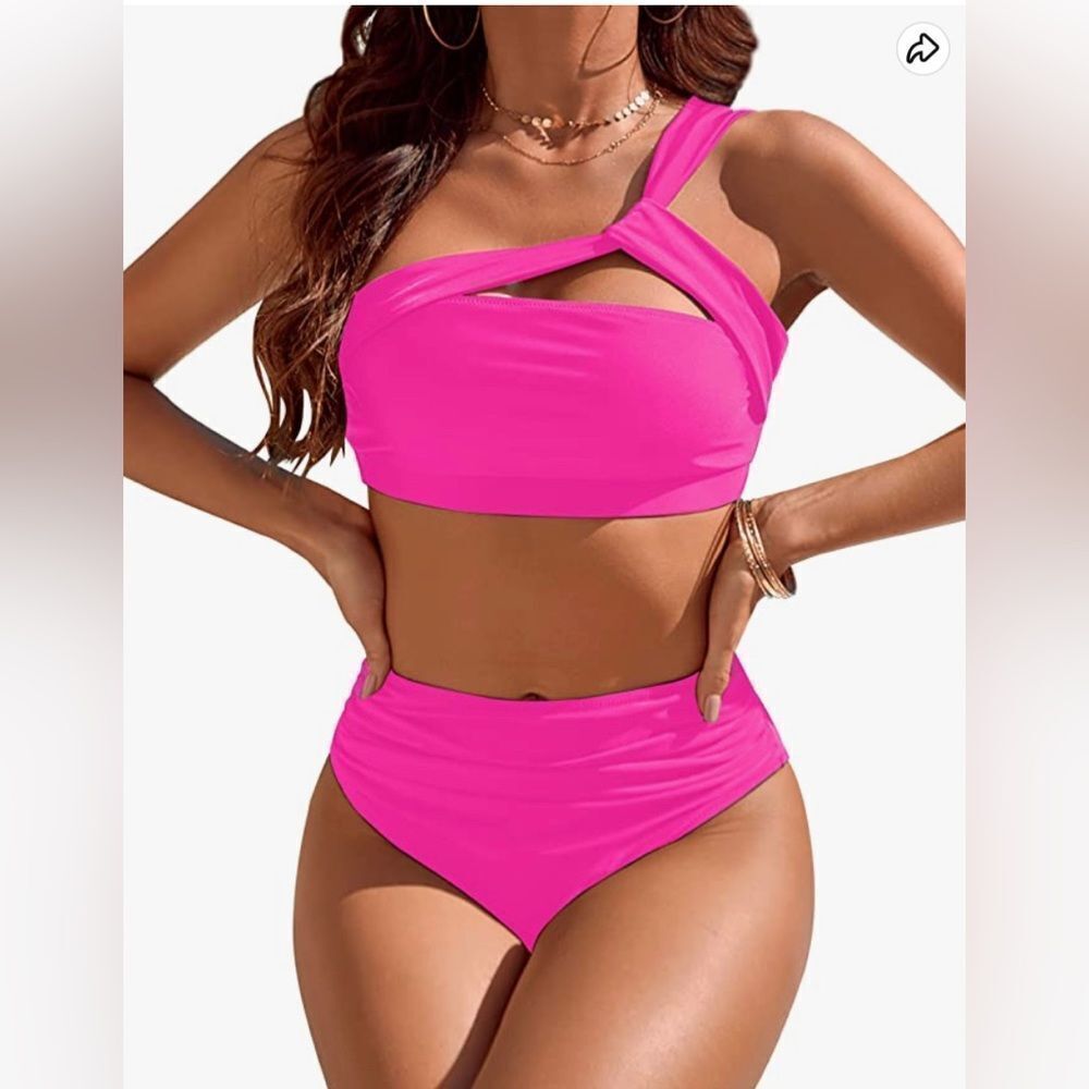 Sexy *Hot Barbie Pink* One Shoulder 2 Piece High Waisted Bikini Sz XL 12